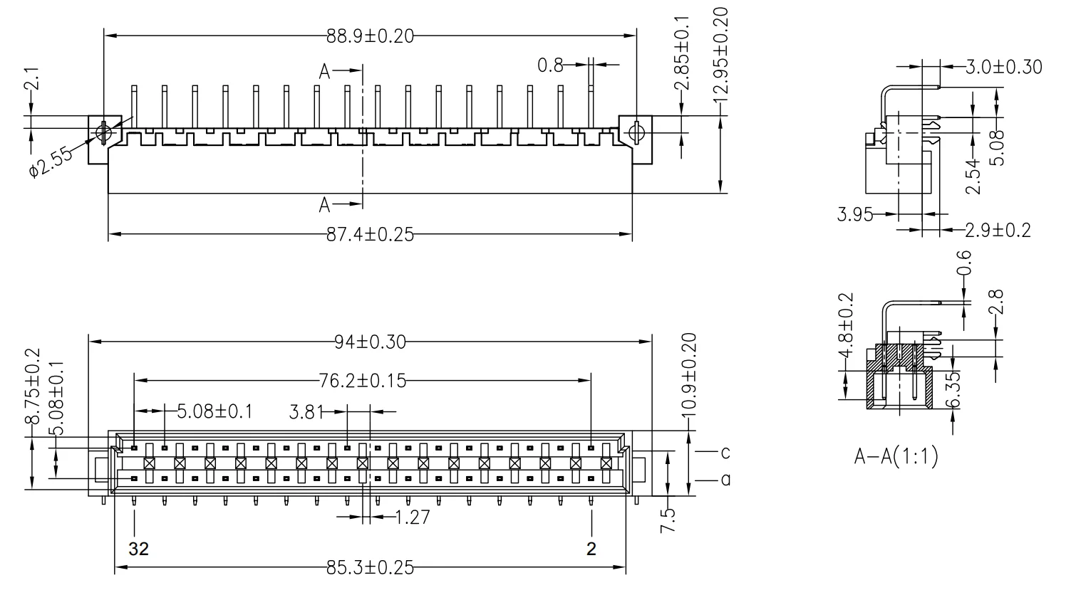 Euro Card Connector 5.08mm pitch High Current Right angle male with harpoon 32P DIN 41612 eurocard electronic socket