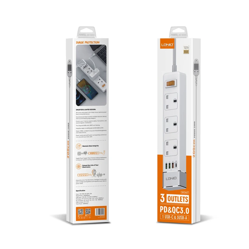 SK3467 UK Socket Extension Socket Power strip With Type-c Port Support QC3.0 20W PD Fast Charging Charger