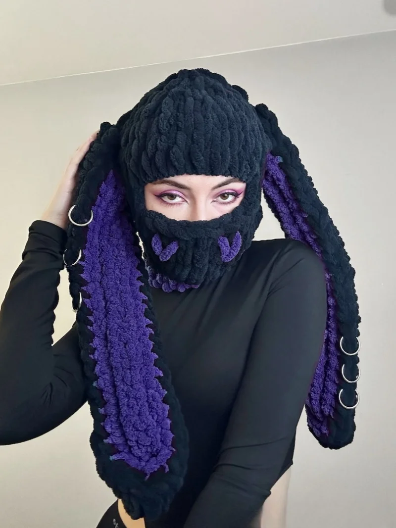 Autumn Winter Warm Plain Facemasks Beanie Custom Logo Devil Horns 1-Hole Ski Balaclava Motorcycle Woolen Blank Knitted Balaclava