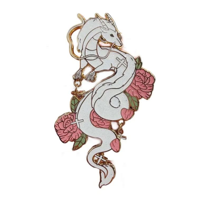 white dragon with cherry blossom logo animal pin with backing  hard enamel screen printing enamel pins ghibli