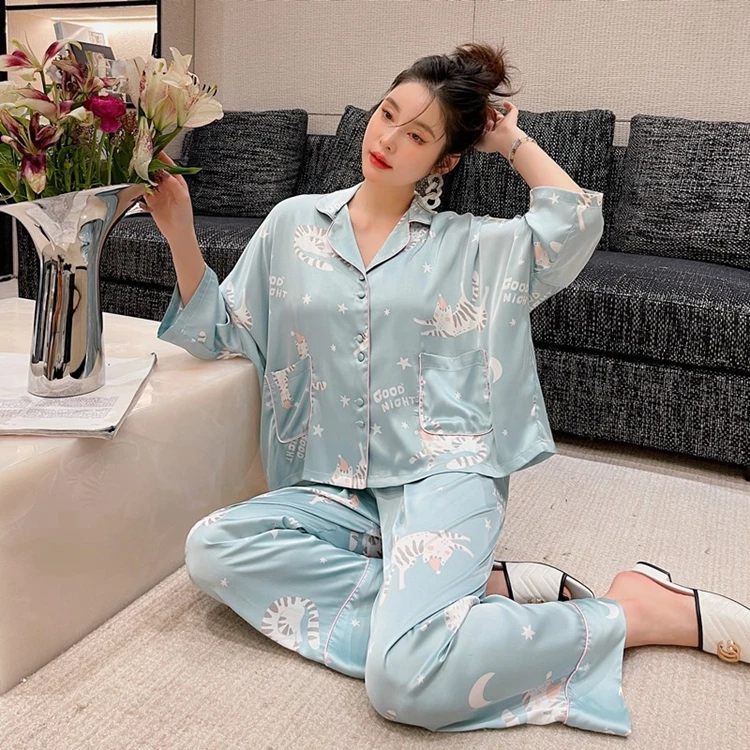 Fashion Women New Long-Sleeve Loose and cute cat print Satin Sleepwear Pajamas Loungewear Set