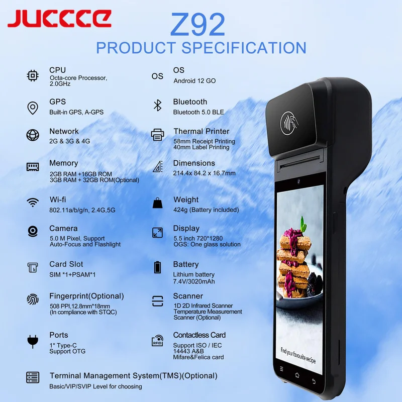 Hot sale Z92 Android Mobile Handheld NFC pos system for Car Parking / retail ticketing/lottery/top up