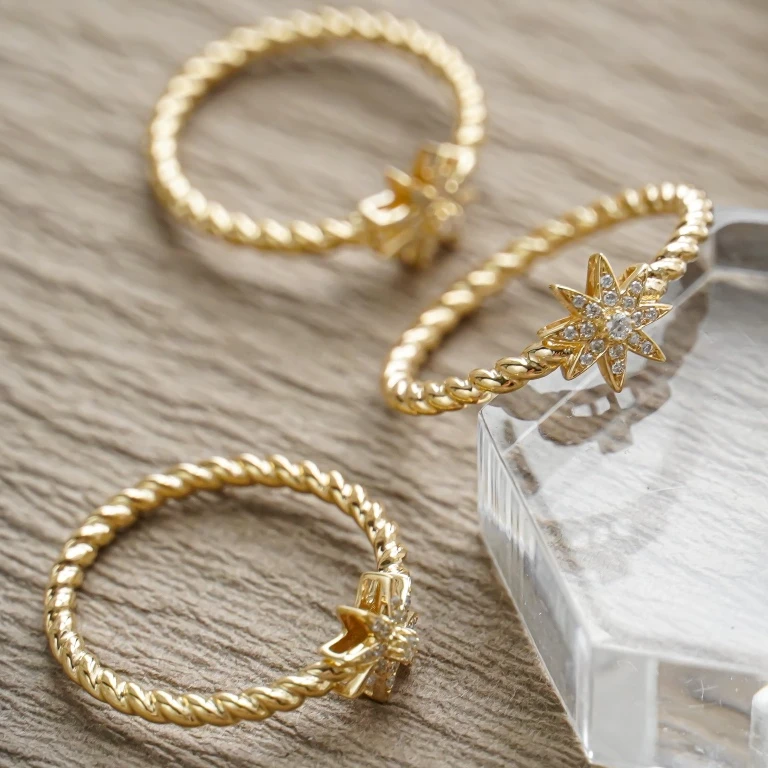 H&F Original 14k Solid Gold Ring Vintage Natural Diamond Simple Designs for Girls Hammered Star 14 karat Rings Fashion Jewelry