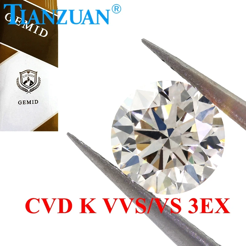 CVD diamond K color 1ct-2.1ct  VS1 clarity 3EX cutting round shape GEMID certificated white color lab grown diamond loose stone