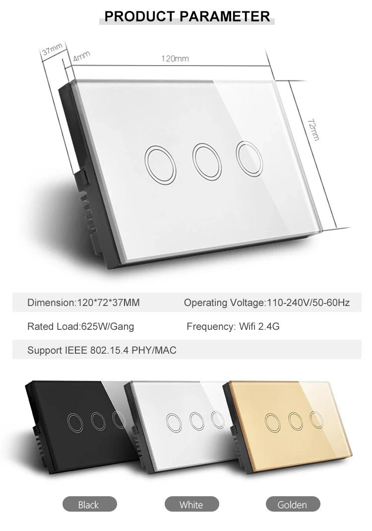 Smart light switch wifi Australia AU/US Standard 220v for smart home Alexa voice control 3gang Zigbee smart light switch