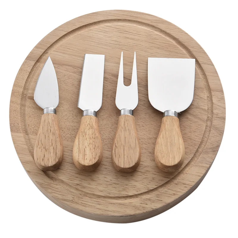 High quality 4 pieces cheese knife round wood folder cheese board set with wood handle