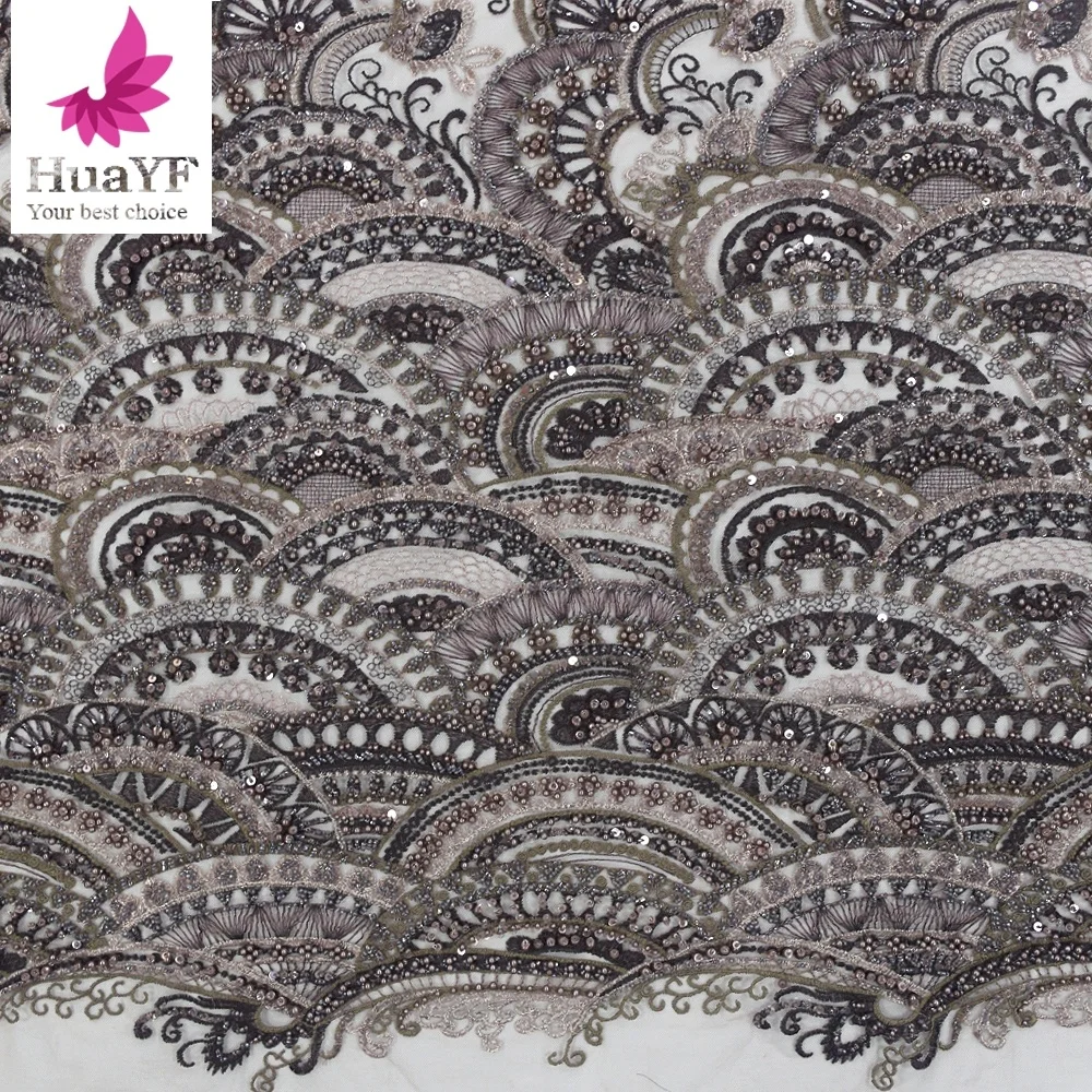 Luxury heavy beaded fabrics tulle lace with beads french net lace fabric for new collection 2020  HY1260-4