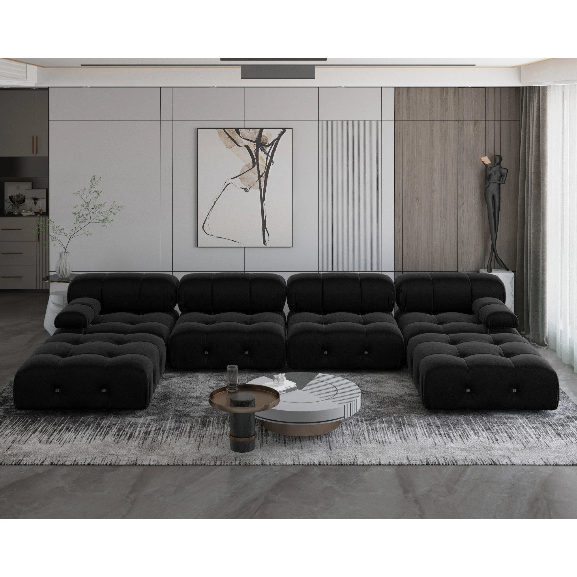ATUNUS Wabi Sabi Furniture Black Velvet Modular Sectional Sofa Set Living Room Nordic Designer U Shape Couch With Ottoman