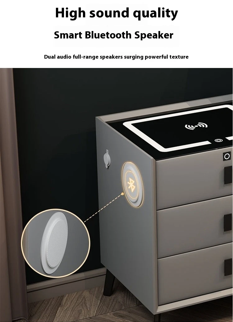 Smart Wooden Safe Luxury Modern With Three Drawer Leather Multifunctional Smart Bedside Table With Speakers