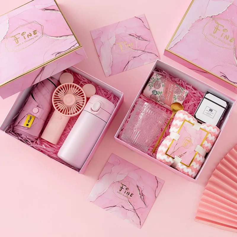 Pink Wedding Bridesmaids Gifts Set Thermos Flask Umbrella Fan Mothers Day Gift Box Set for Women