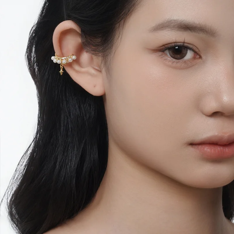 E5261 New Chinese ethnic minority S925 sterling silver shell pearl ear clip female without ear piercing National texture ear