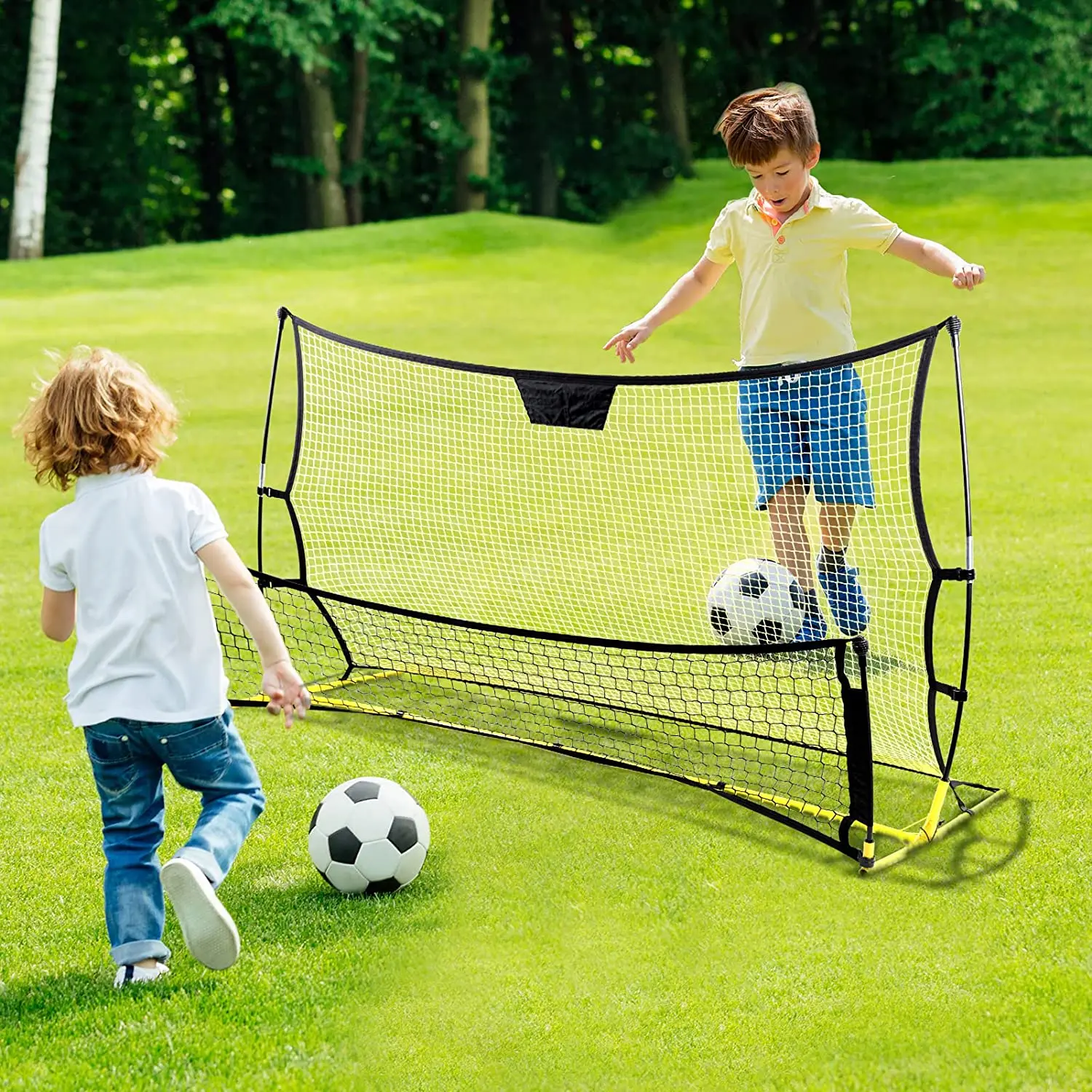 two sides yellow soccer rebounder two people can use Simultaneously