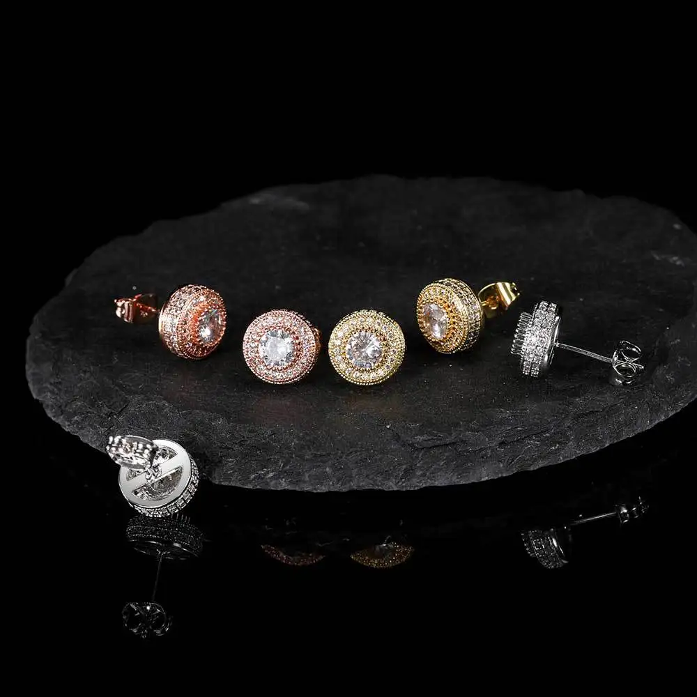 Round Full Zircon Copper Stud Earrings Fashion Brand Hip Hop Rap Popular Earrings Accessories for Men and Women Wholesale
