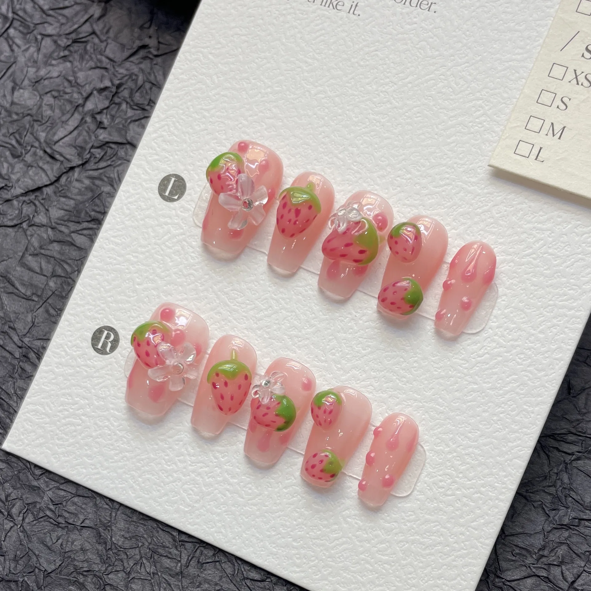 Design #1400 High Quality Hand Made Cute 3D Pink Strawberry Luxury Press On Nails Custom Design Acrylic Press On Gel Nail