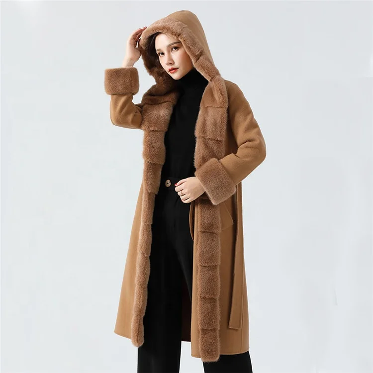2021 New Real Hooded Wool Trench Coat Handmade Long Warm Wool Coat Women