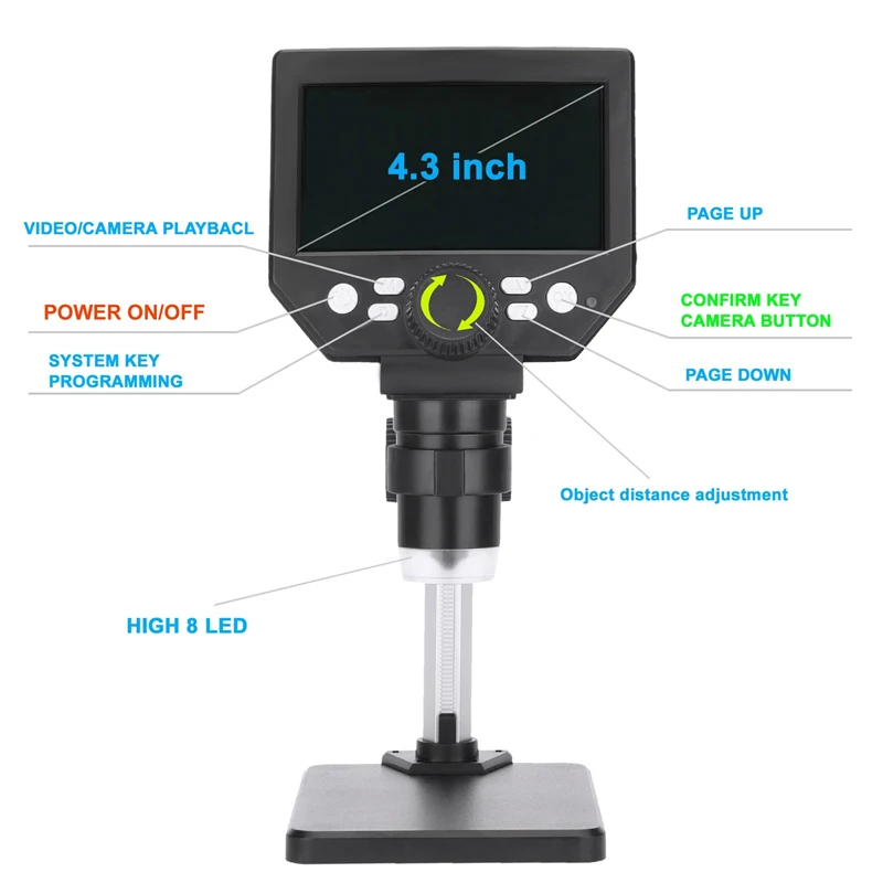 USB Digital Microscope 600X 4.3 LCD Display Electronic Video Magnifier HD 3.6MP 8 LED with Built-in Rechargeable Lithium Battery