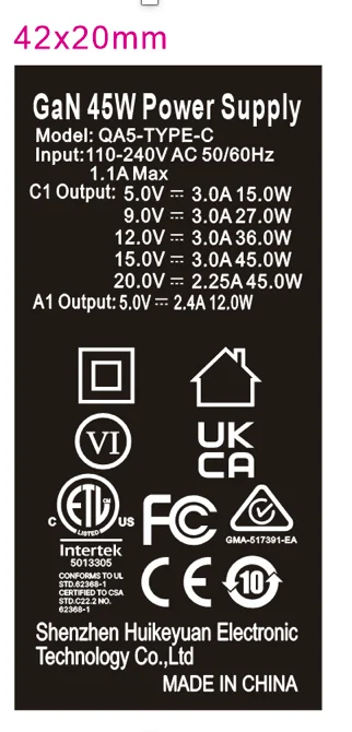PD-45W 1C1A   power adapter with interchangeable plugs for US, UK, AU, EU, 4 removable plugs Cypress PD3.0