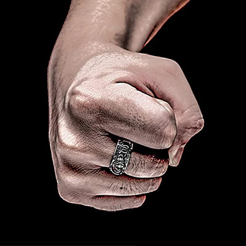 Silver Vintage Pixiu Protection Wealth Amulet Feng Shui Garnet Toad Mantra Heart Sutra Lucky Adjustable Ring for Unisex