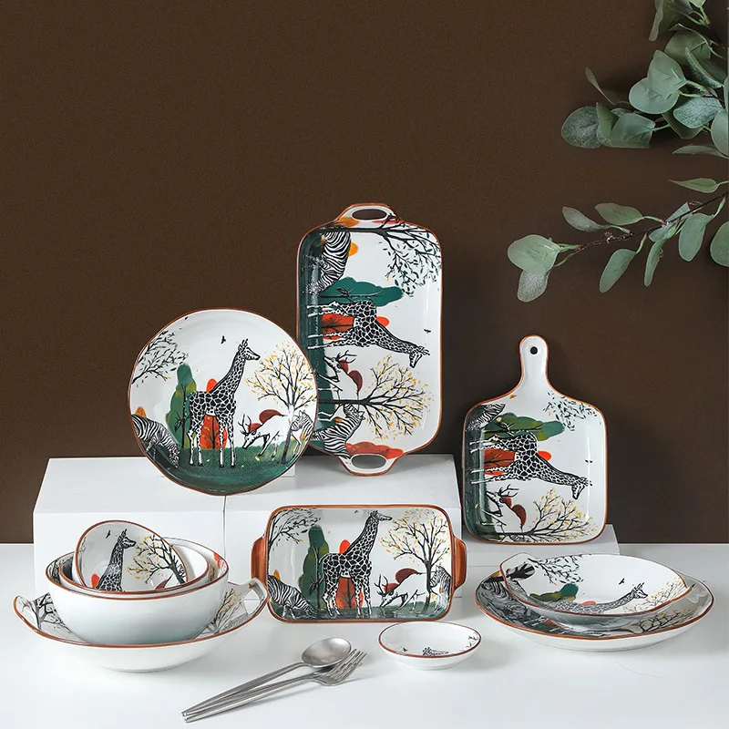 Unique zebra printed design porcelain bowls and plates ceramic luxury dinnerware sets for 6 people