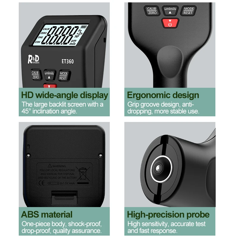 R&D ET360 Car Paint Thickness Meter High Precision Car Paint Coating Thickness Gauge Fe/NFe Fe+ Zn Russian Manual