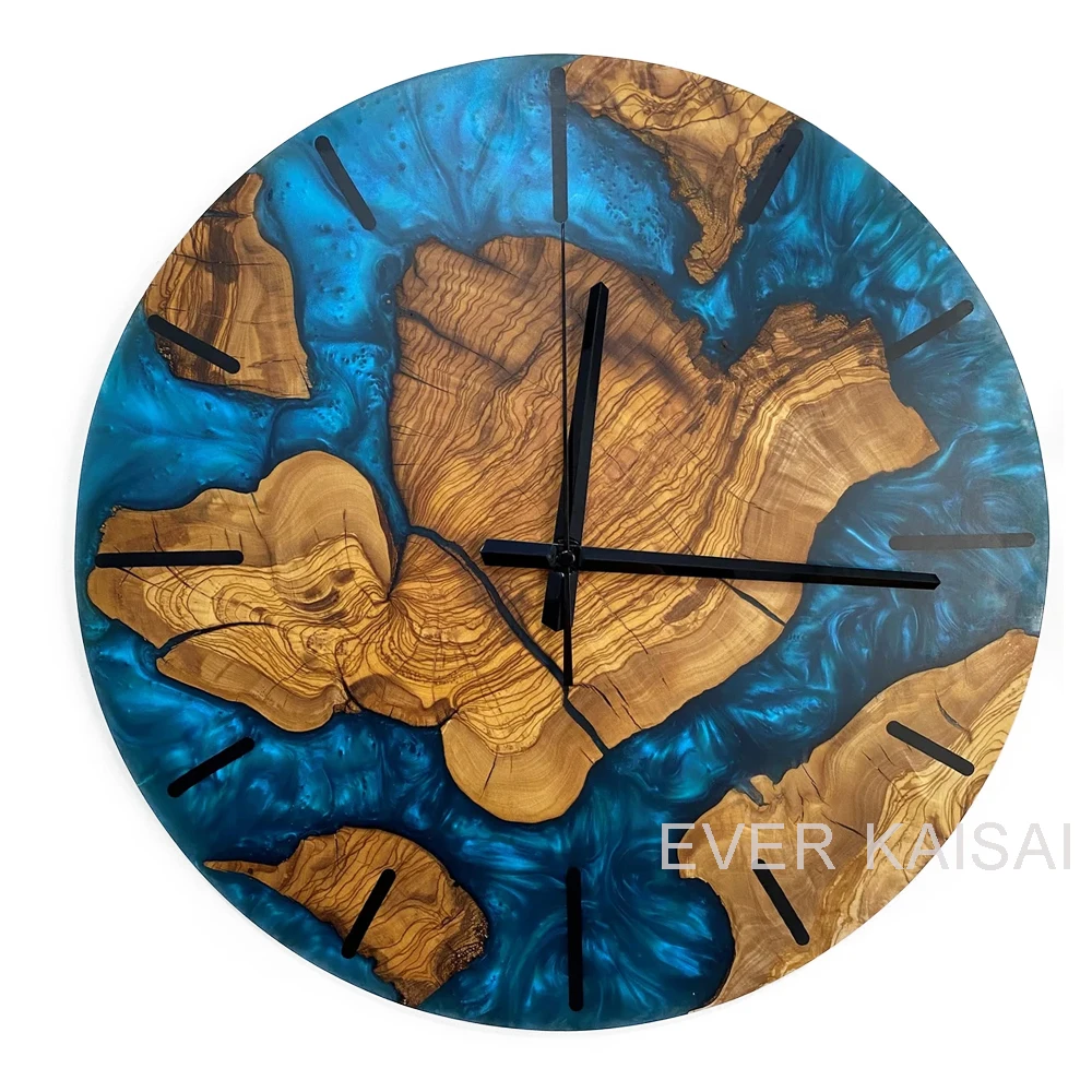 Olive wood and epoxy resin wall clock , Blue Pearlescent Ocean Clock Handmade Personalized Wooden Clock