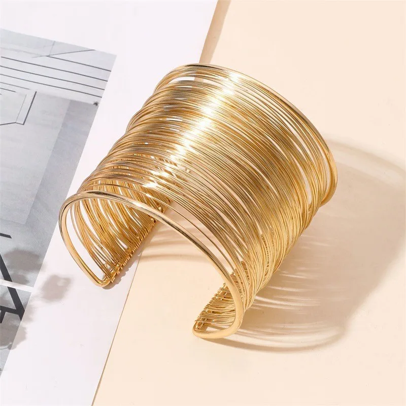 New Fashion Muti-Layer Open Cuff Bracelet Bangle Ethnic Sliver Gold Color Vintage Hand Bangle for Women