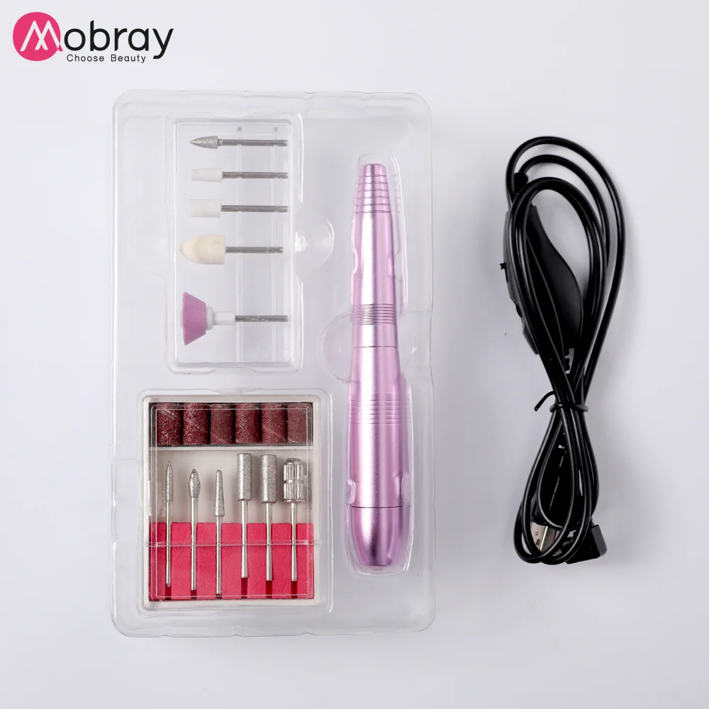 Профессиональная розовая дрель для ногтей, электрическая ручка, 6 насадок, набор для ухода за ногтями 100-240 в, Машинка для педикюра и маникюра, инструмент для дизайна ногтей