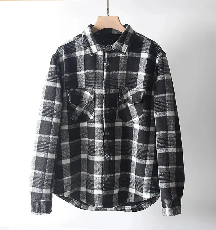 OEM/ODM camisas para Custom mens winter fleece orange plaid shirt flannel men oversized vintage shirt with two patch pockets