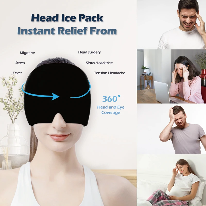 Customized Elastic Gel Ice Cap, Pain Relief Cold Hot Wrap, Migraine Ice Hat With Adjustable Loop and Hook