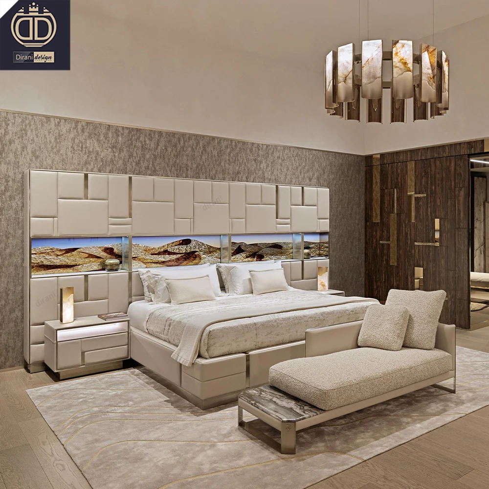 villa high end leather king size tall headboard bed luxury modern tall upholstered bed frame with led lights storage