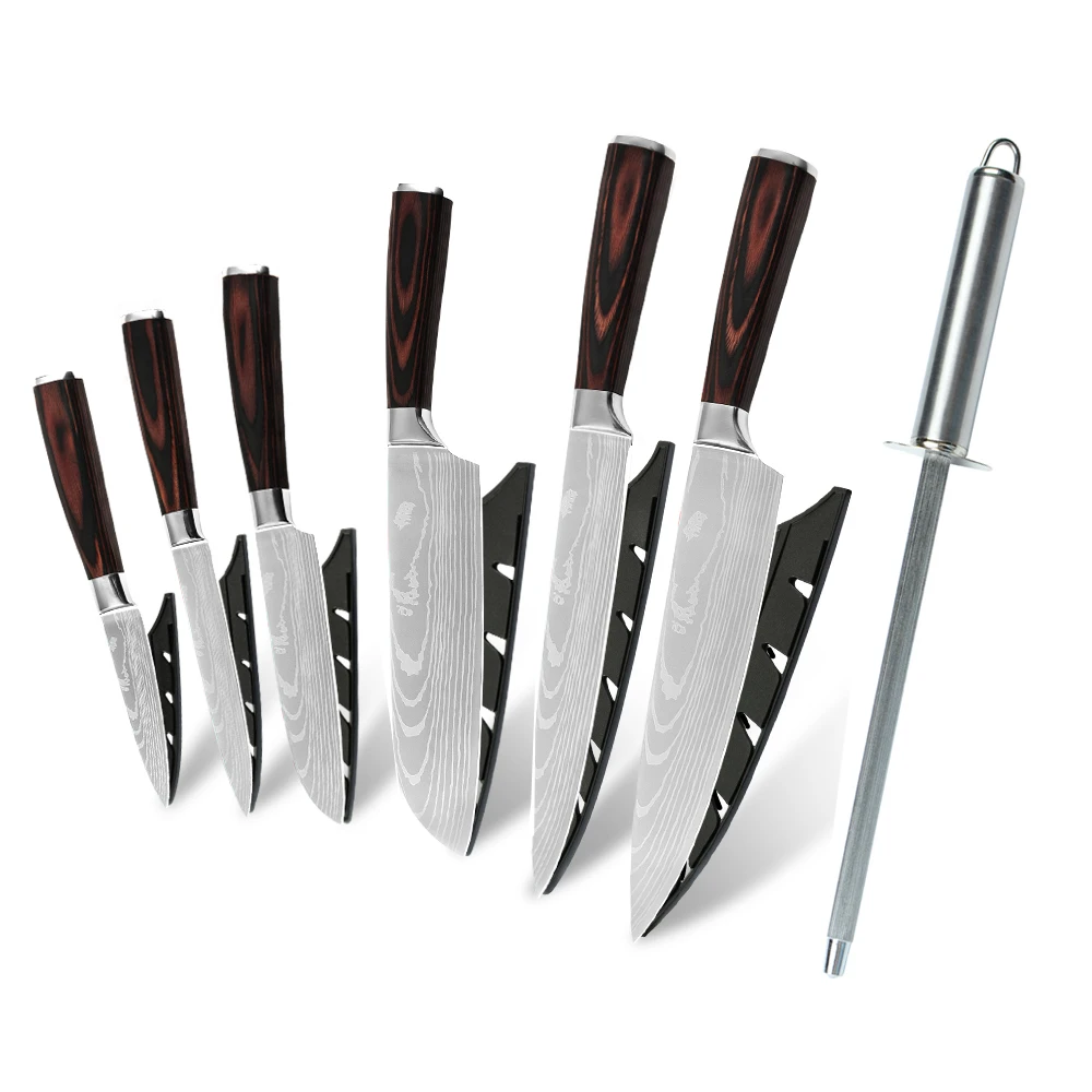 
Amazon Hot Super Sharp 7Cr17mov High Carbon Stainless Steel Sharpen Rod Design 8pcs Stainless Steel Knife Set With Knife Bag 