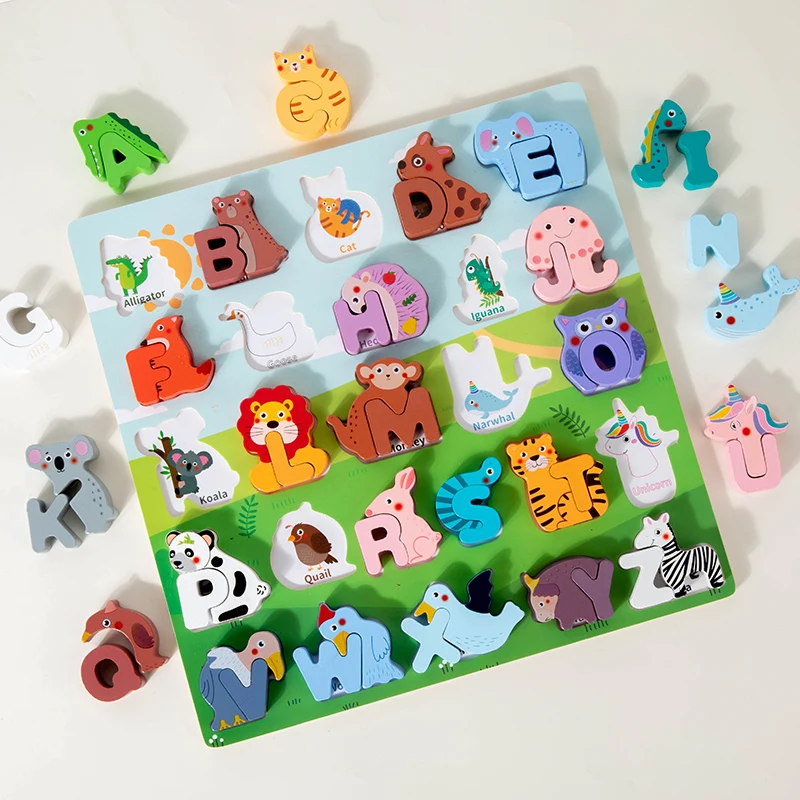 CPC EN71 Children English Learning Wooden Alphabet Puzzle Board Animal Shape Cognitive Kids Wooden Education Puzzle Toy