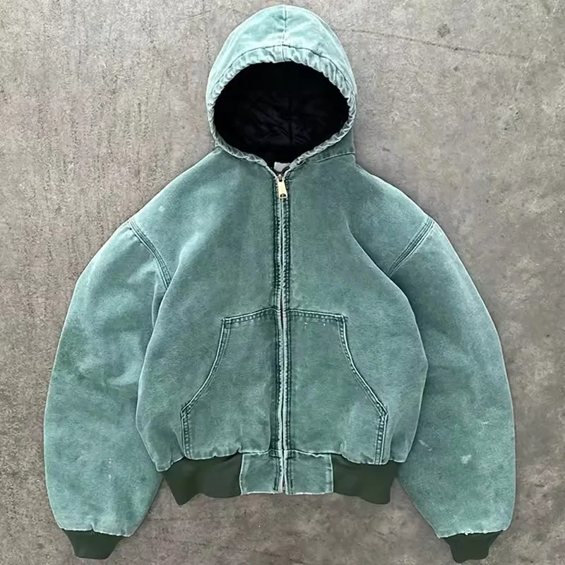 Streetwear 100% Cotton 500gsm Denim Heavyweight Hoodies Men Acid Washed Crop Oversized Distressed Zip Up Hoodie Jackets