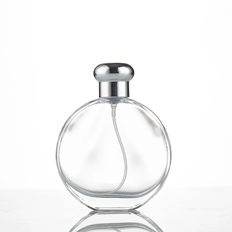 Transparent Flat Round Perfume Bottle 50ml 100ml Crimp Fragrance Glass Bottle with Atomizer