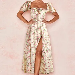 2023 new arrivals lady stylish cotton long puff sleeve a-line floral maxi casual dress summer woman clothing