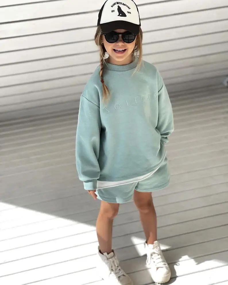 wholesale fashion summer outfits with shorts tracksuit set cotton kids two piece sweatshirts and shorts for children