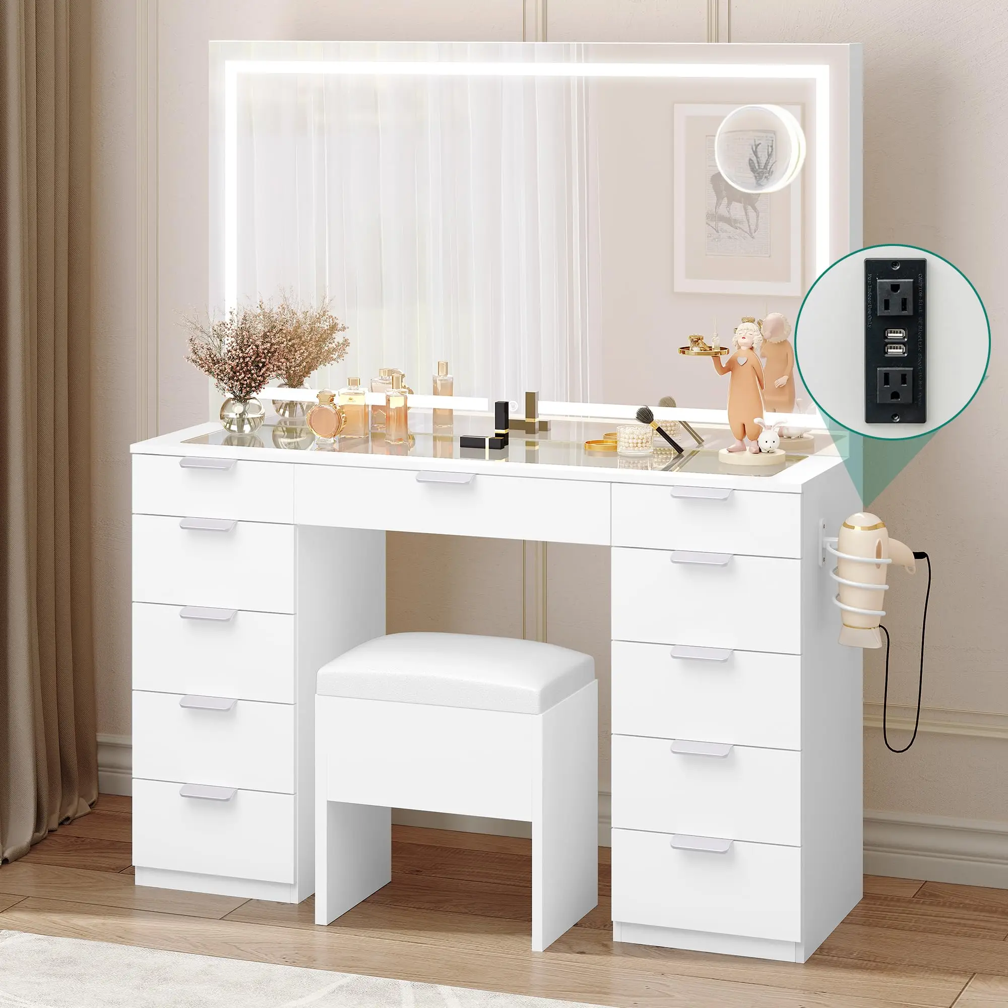 46' Magnifying Glass Top Multi 11 Drawers Wooden Dressing Vanity Desk Table set with LED Mirror and Storage Bench for Bedroom