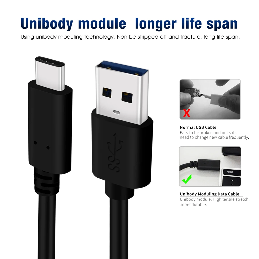  Прямая Заводская поставка кабель QC3.0 типа C ПВХ USB 3 0 A штекер на гнездо 5 Гбит/с высококачественный USB-кабель для передачи данных черный