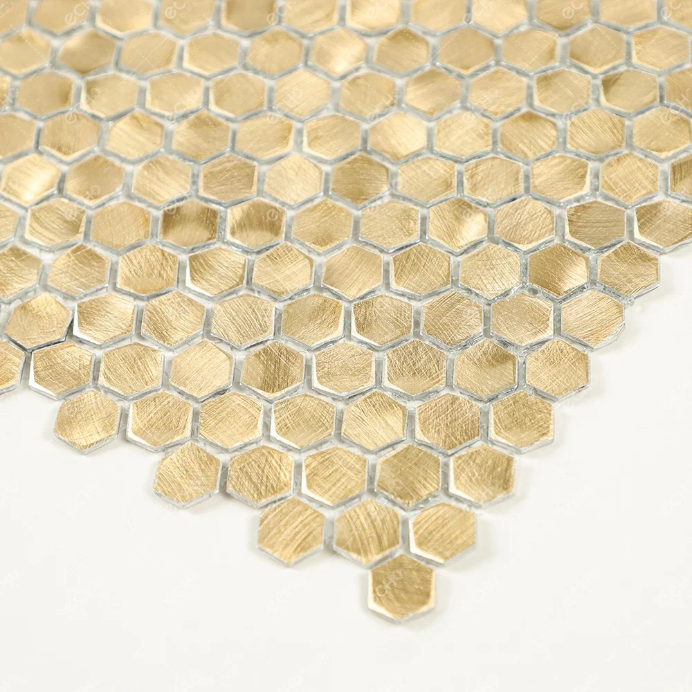 Ready to Ship Mesh Mounted Gravity Aluminium Metal Elements Mini Gold Hexagon Mosaic Wall Tiles