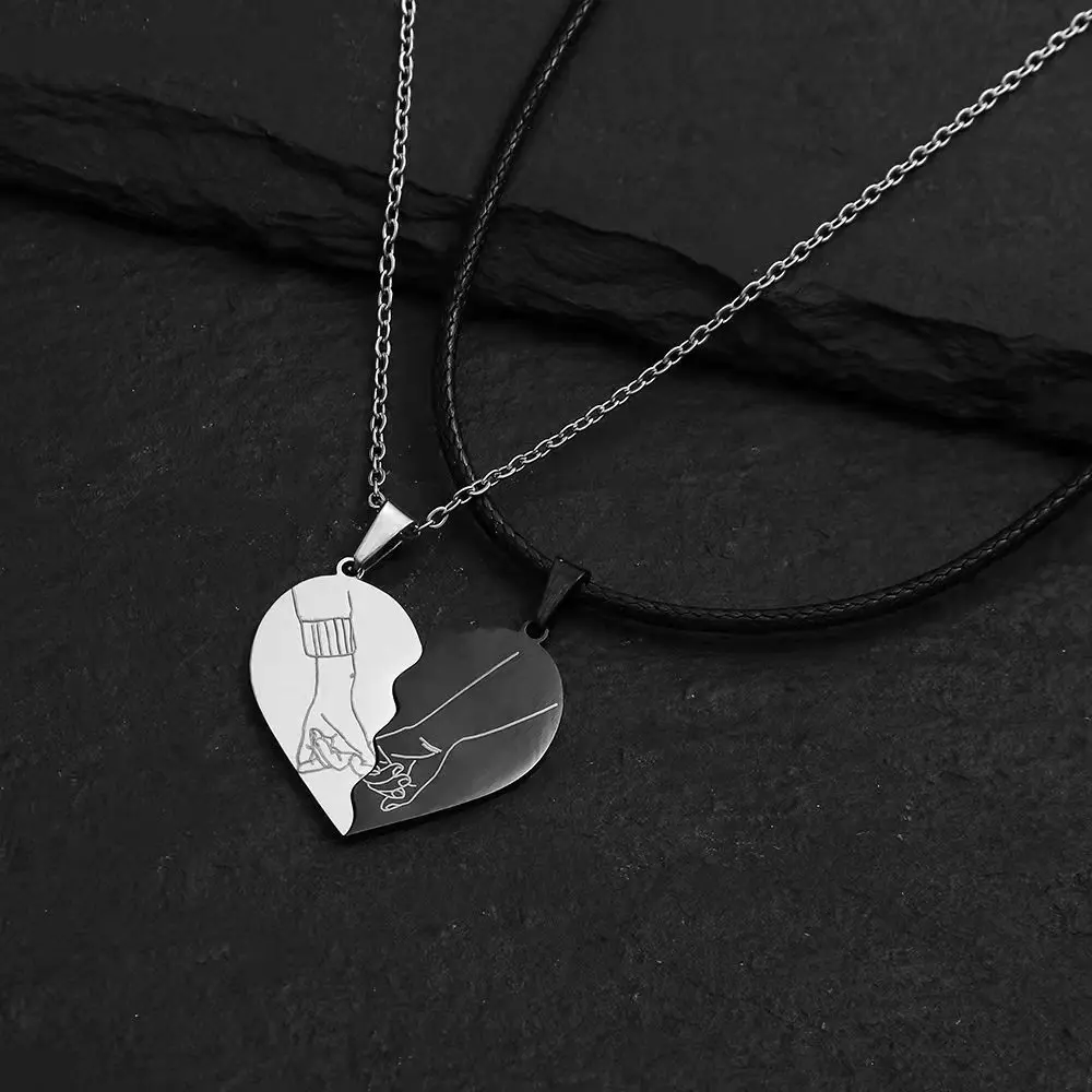 Romantic Couple Necklaces with Simple Original Design Magnetic Collarbone Chains with Pull Hook Stainless Steel Heart Pendant