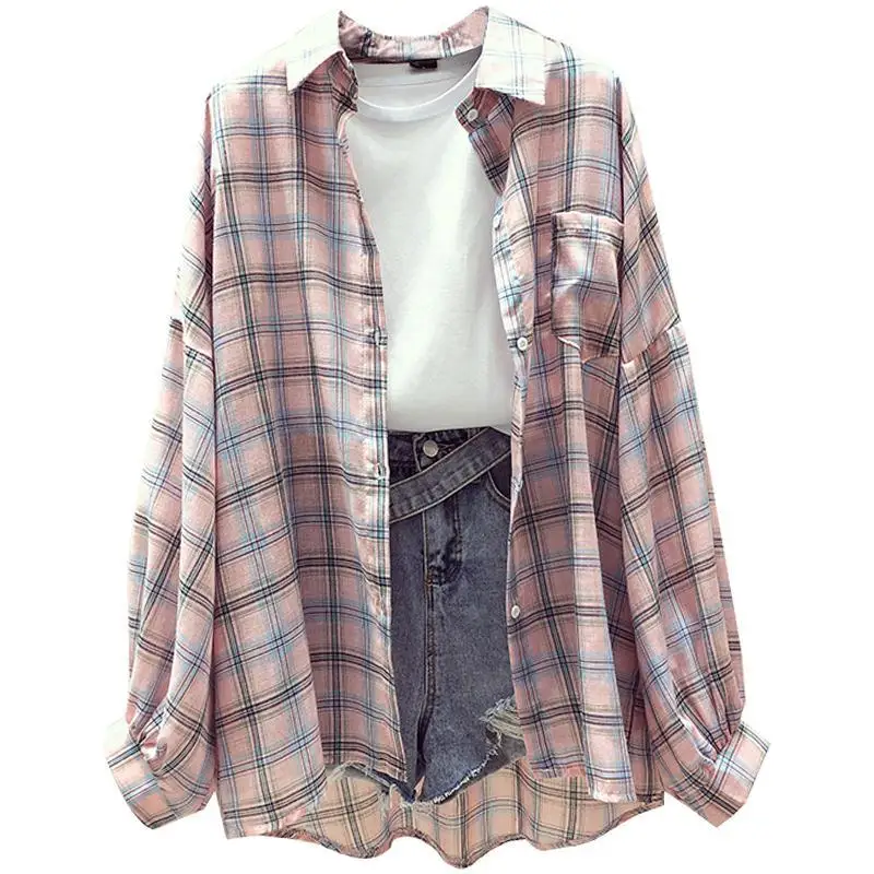 Wholesale Fashion Cheap Price Women  Plaid Blouse Ladies turn-down Neck Top and Shirt Blouse