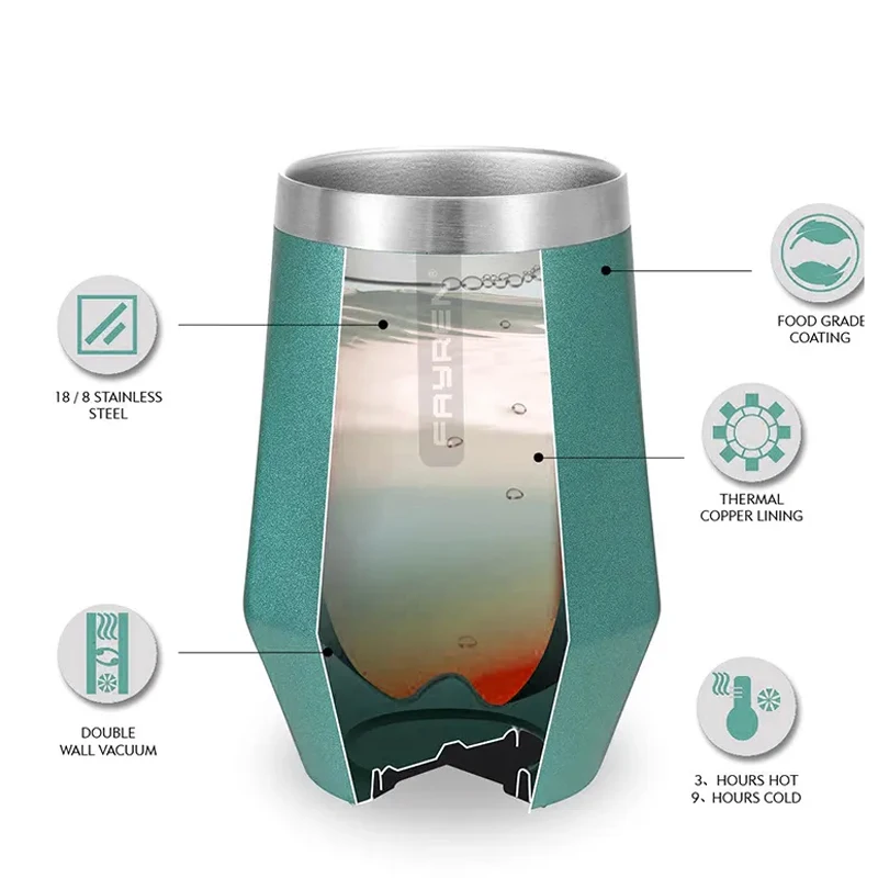 Custom Logo 12oz Diamond Shape Stainless Steel Thermal Insulated Coffee Cup Beer Mug Stemless Wine Tumbler cup With  Lid