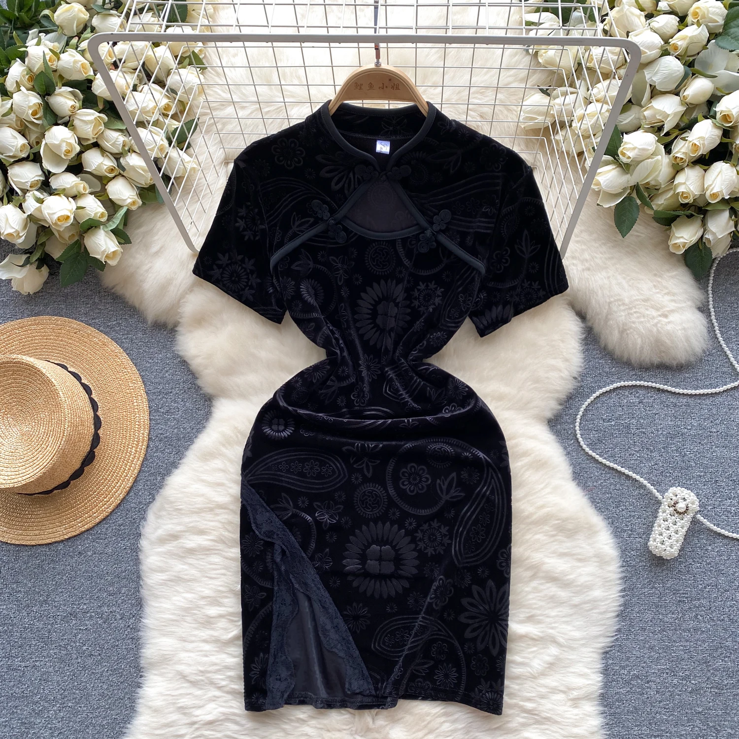 Summer Y2K Mandarin Collar Slit Sheath Hip Dress For Women Short Sleeve Lace Dresses Ladies Retro Dresses Clothes Women