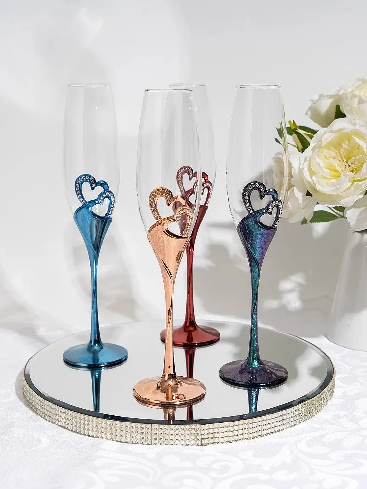 Wholesale Creative Heart Set Diamonds Champagne Flutes Wedding Glasses Toasting Cups Gift Sets Engagement Wedding House W