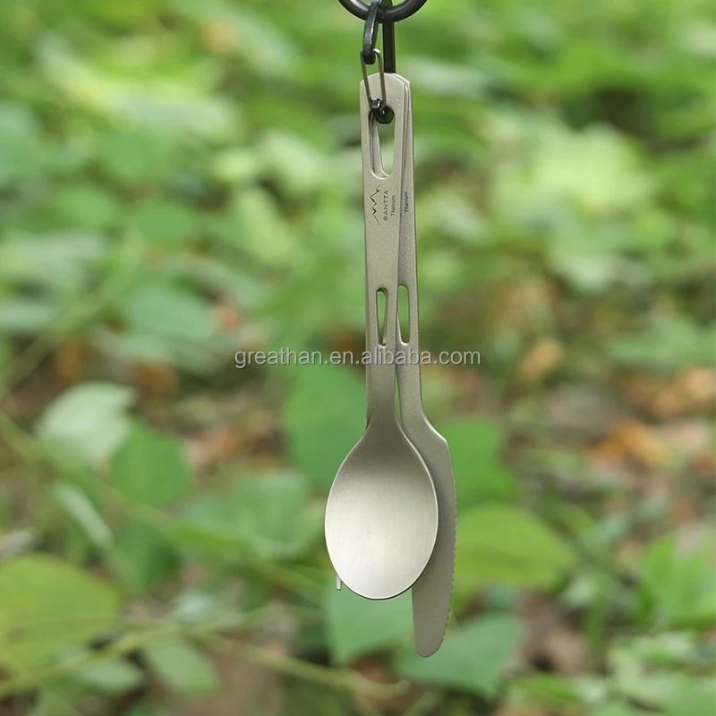 SANTTA Pure Titanium Camping Cutlery Knife Fork Spoon Set with Storage Pouch and Carabiner Clip