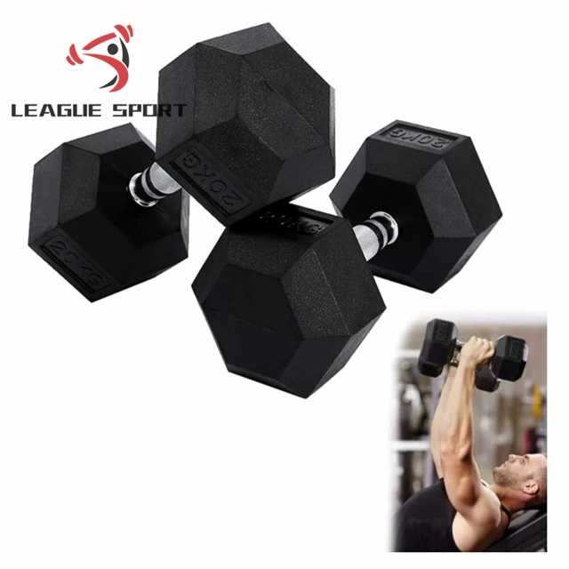 League-Sport Wholesale Black Hex Rubber Dumbbell Coated Gym Dumbbell Pounds Fitness Weight Custom Rubber Hexagon Dumbbells