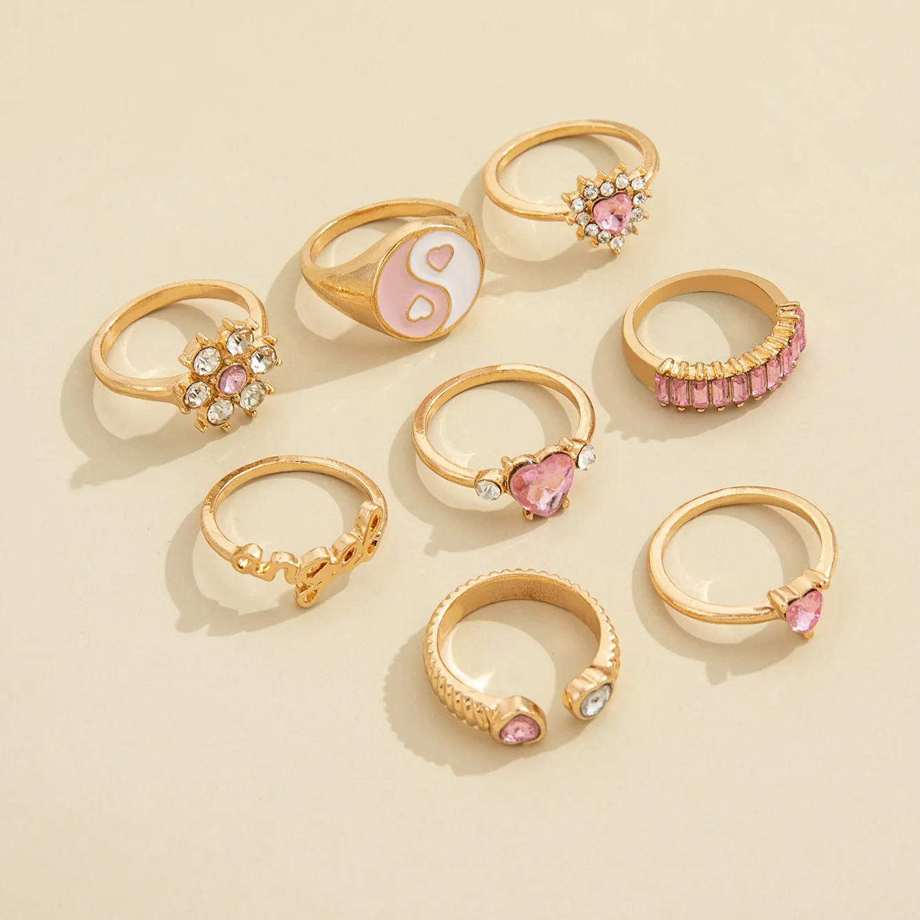 Luxury Rhinestone Pink Heart Rings 8pcs/set Yin Yang Rings Fashion Knuckle Rings Set