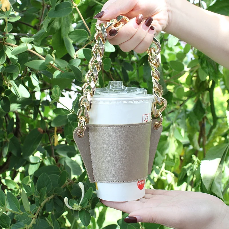 2024 Hot sale Handmade Coffee Cup Sleeve Holders custom logo PU leather cup holder Milky Tea Cup holder With Acrylic Chain Strap