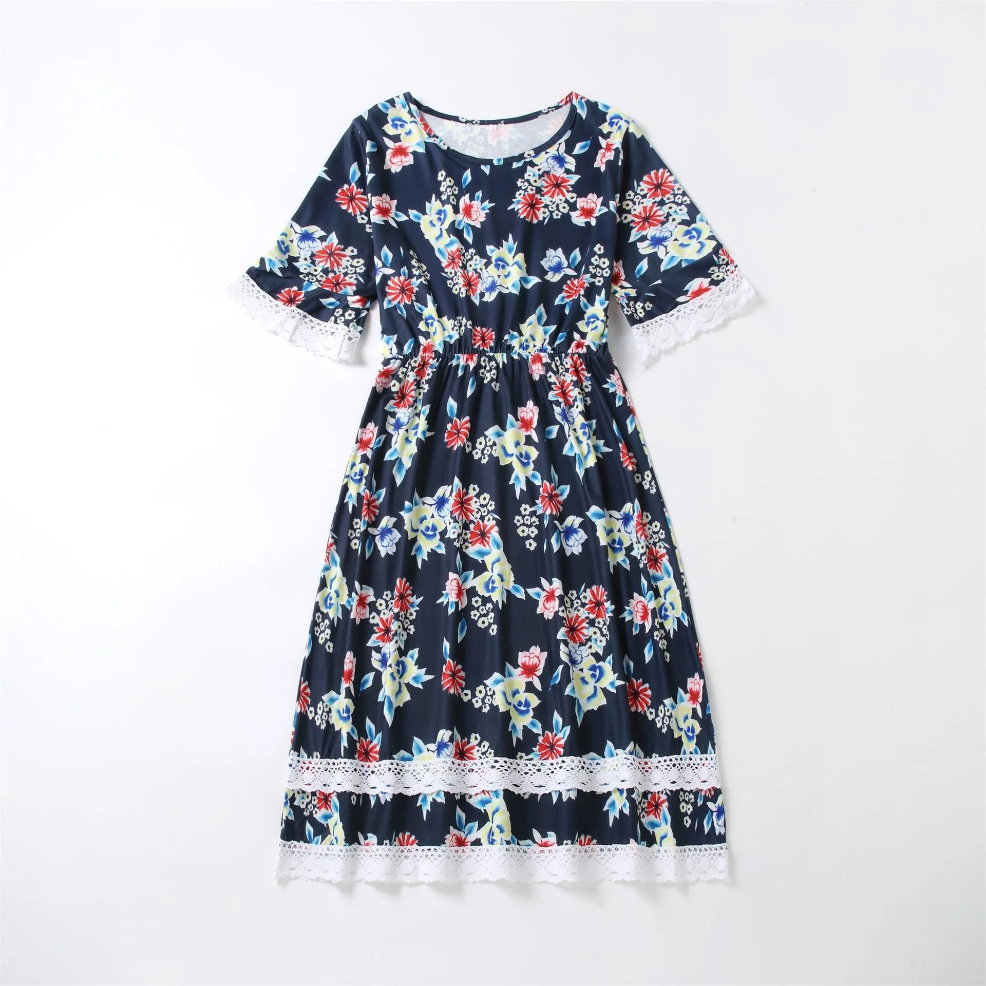 Floral pattern cute style o-neck collar half sleeve embroider mommy and baby family matching outfit