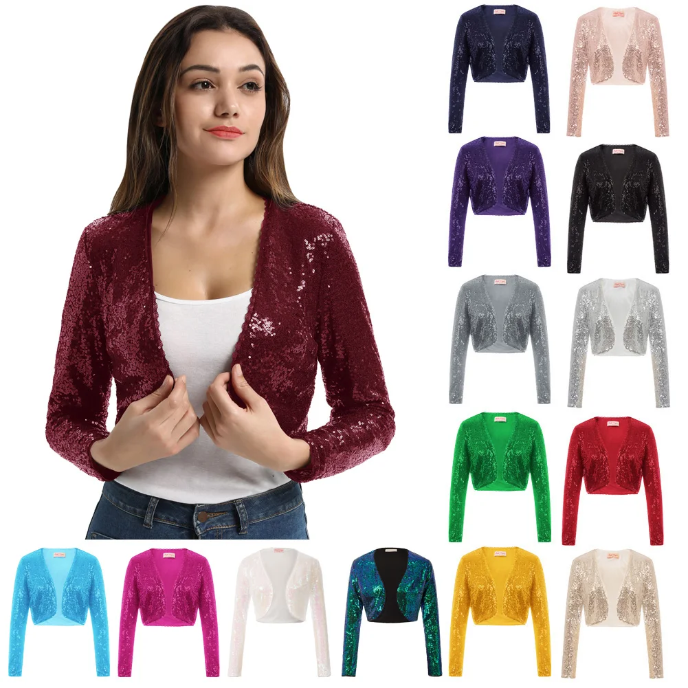 Wholesale Amazon Women Shining Sequined Long Sleeve Cropped Length Open Front Bolero Shrug